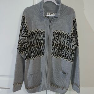 London Fog vintage zip front gray woven Geometric L sweater 80's 90"s pockets